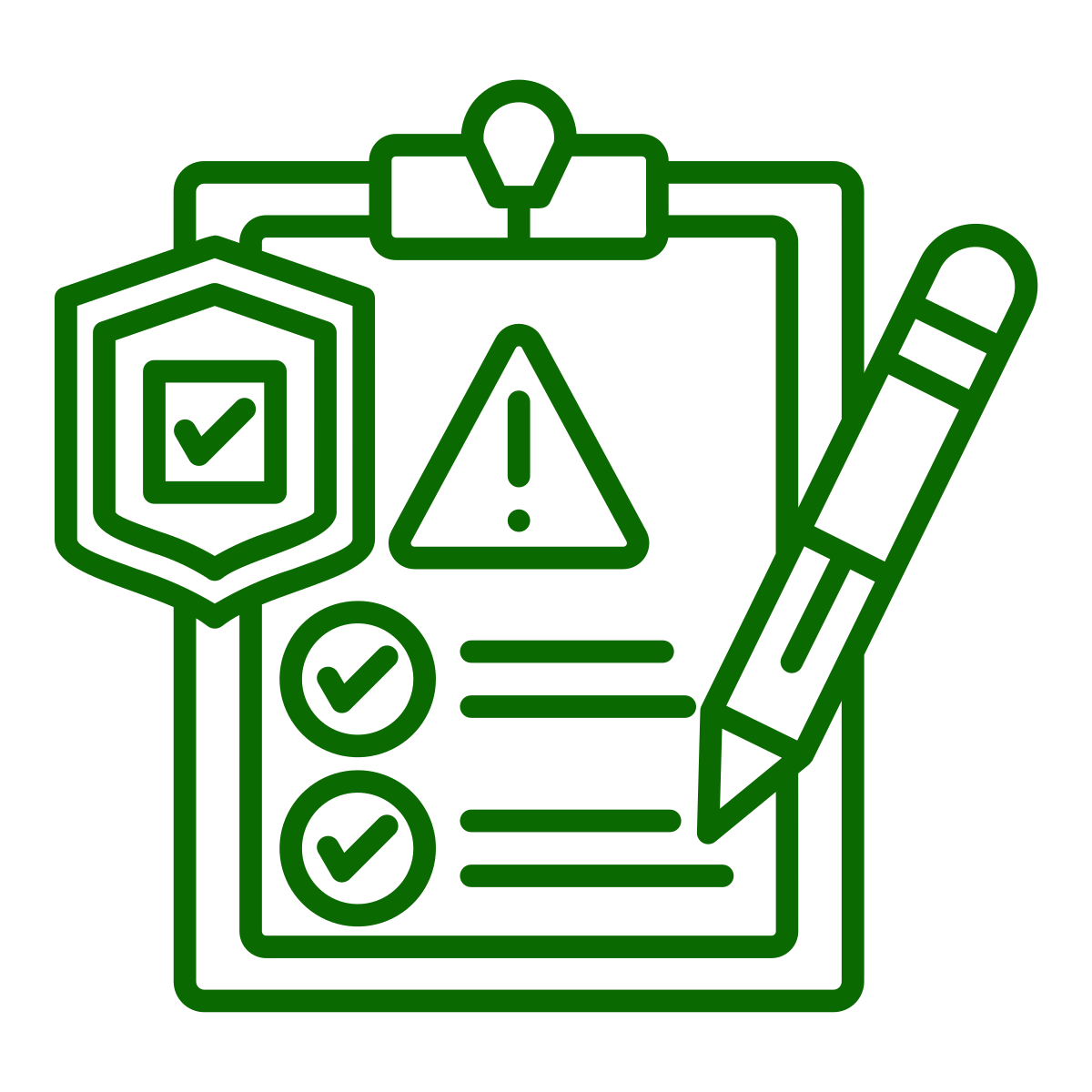 Green outline illustration of a clipboard with a checklist and warning symbol, a shield with a check mark, and a pen.