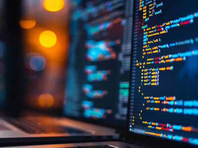 Close-up of a computer screen displaying colorful lines of code. The background is blurred with orange and blue bokeh lights, creating a focused and dynamic atmosphere. A laptop is partially visible on the left side.