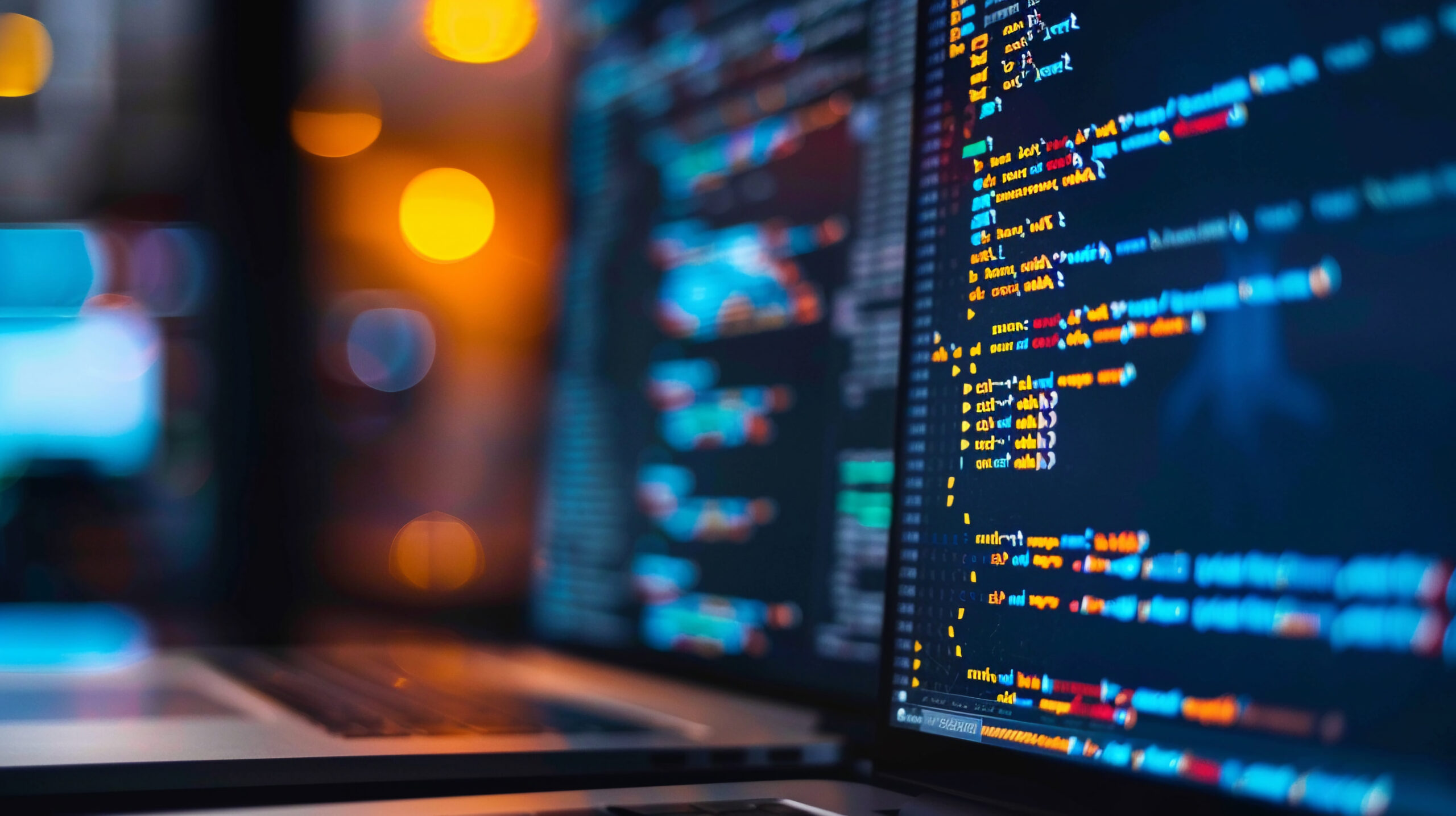 Close-up of a computer screen displaying colorful lines of code. The background is blurred with orange and blue bokeh lights, creating a focused and dynamic atmosphere. A laptop is partially visible on the left side.