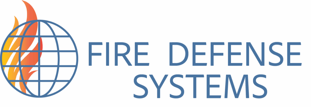 Logo for "Fire Defense Systems" featuring a blue globe with orange and yellow flames on the left, and the company name in blue uppercase letters to the right of the globe.
