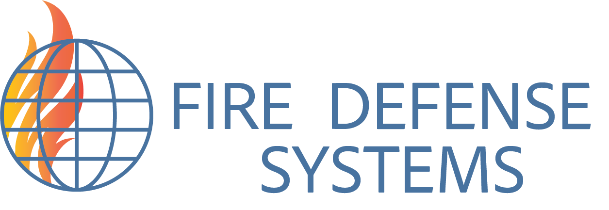 Logo for "Fire Defense Systems" featuring a blue globe with orange and yellow flames on the left, and the company name in blue uppercase letters to the right of the globe.