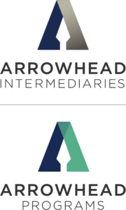 Two logos featuring a stylized "A" above text. The top logo reads "Arrowhead Intermediaries" with a gray and navy "A." The bottom logo reads "Arrowhead Programs" with a teal and navy "A.