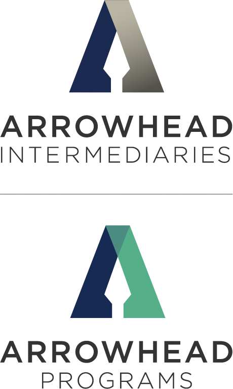 Two logos featuring a stylized "A" above text. The top logo reads "Arrowhead Intermediaries" with a gray and navy "A." The bottom logo reads "Arrowhead Programs" with a teal and navy "A.