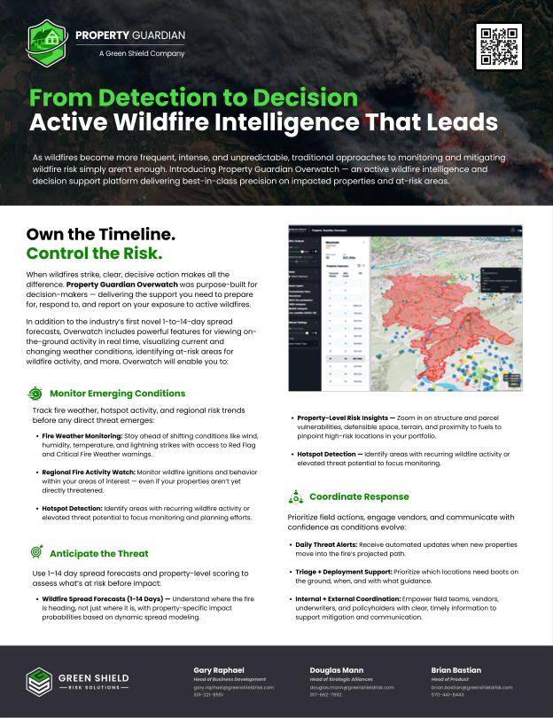 A promotional flyer for Green Shield Company’s Property Guardian Overwatch service, describing wildfire intelligence features, risk levels, benefits, and showing icons for wildfire, monitoring, alerts, technology, and property protection.