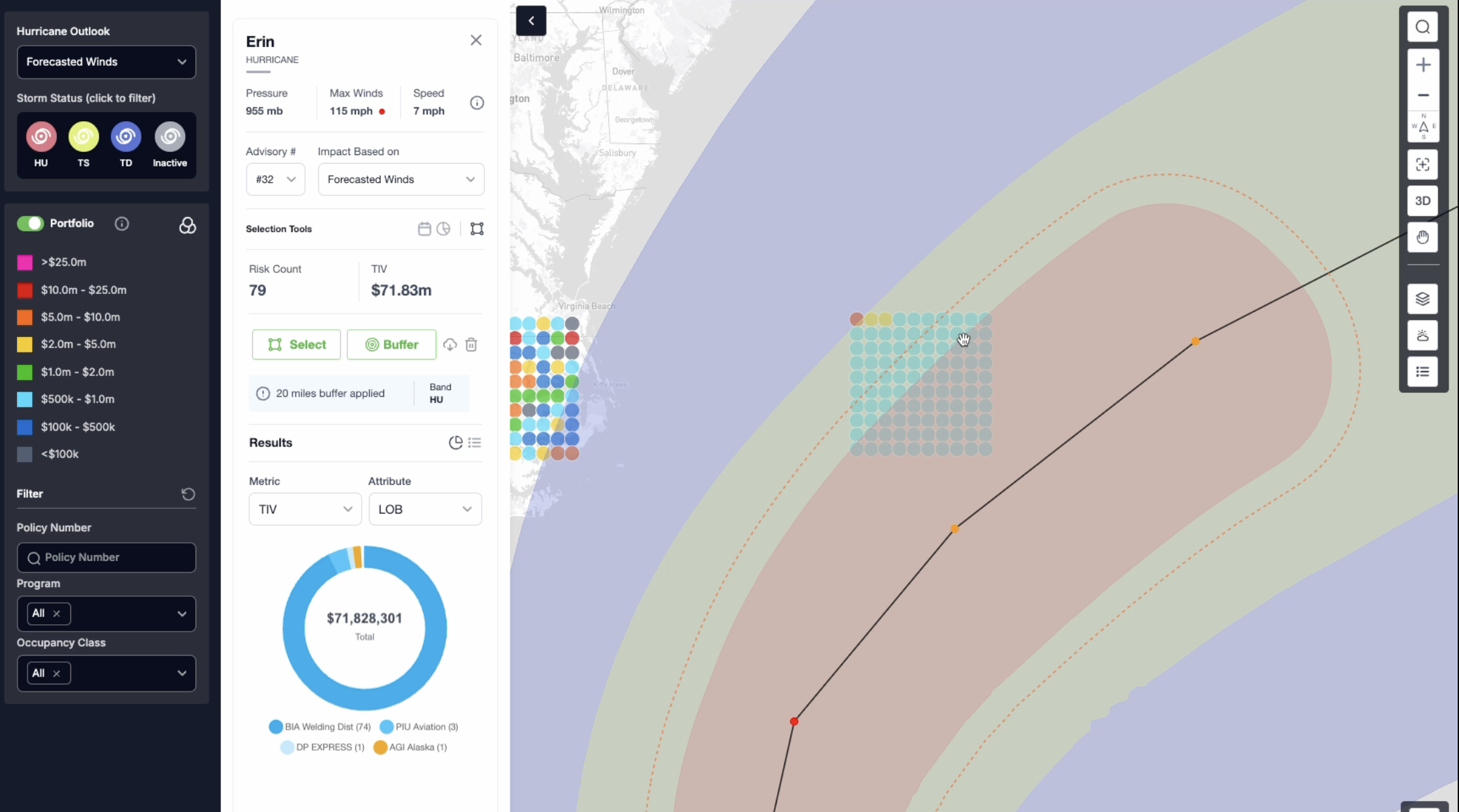 A hurricane tracking dashboard displays Hurricane Erin's path, wind speed, and threat zones on a map, with insurance policy data, estimated losses, and a pie chart on the left side.