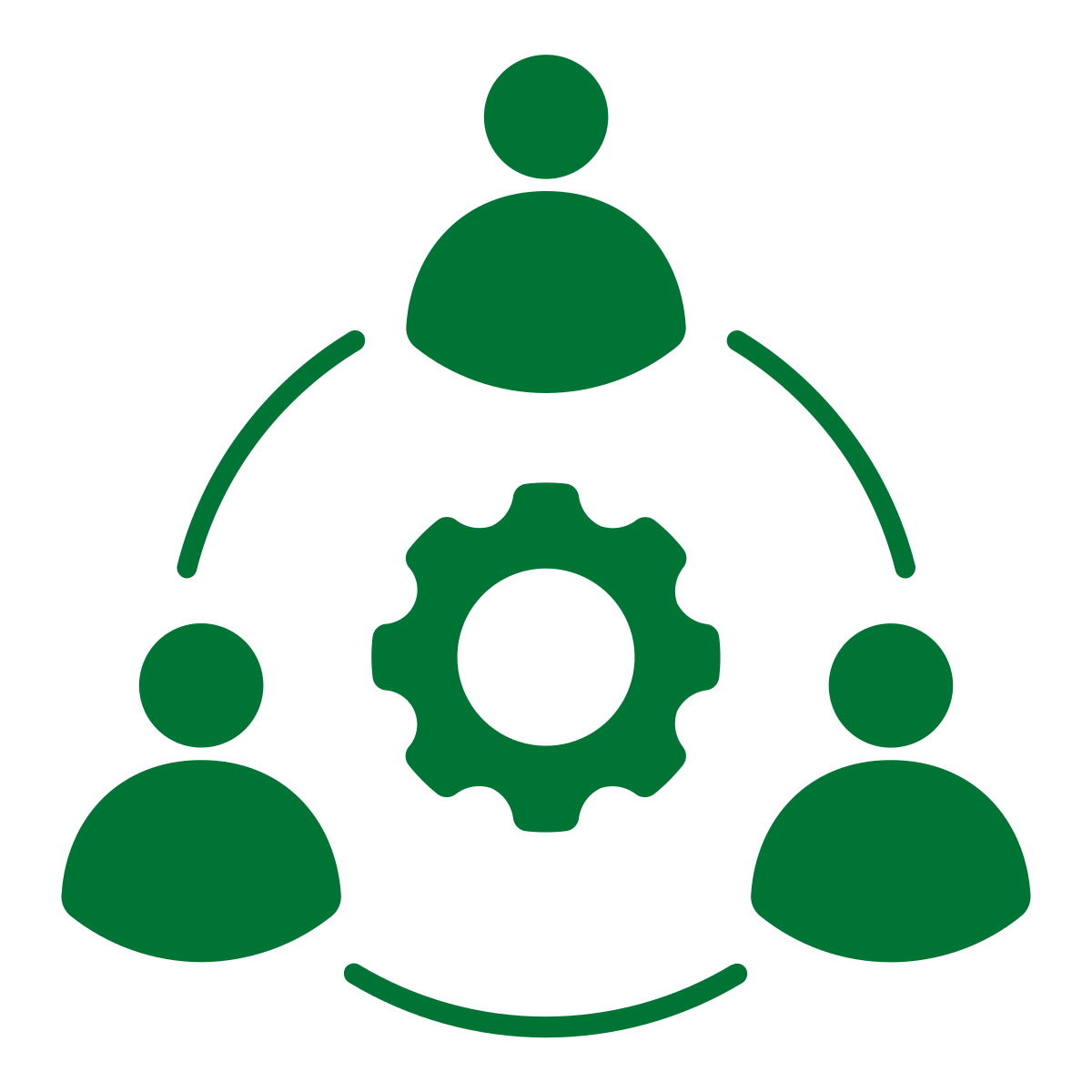 Green icon showing three people connected in a triangle around a central gear, symbolizing teamwork, collaboration, or group project management.