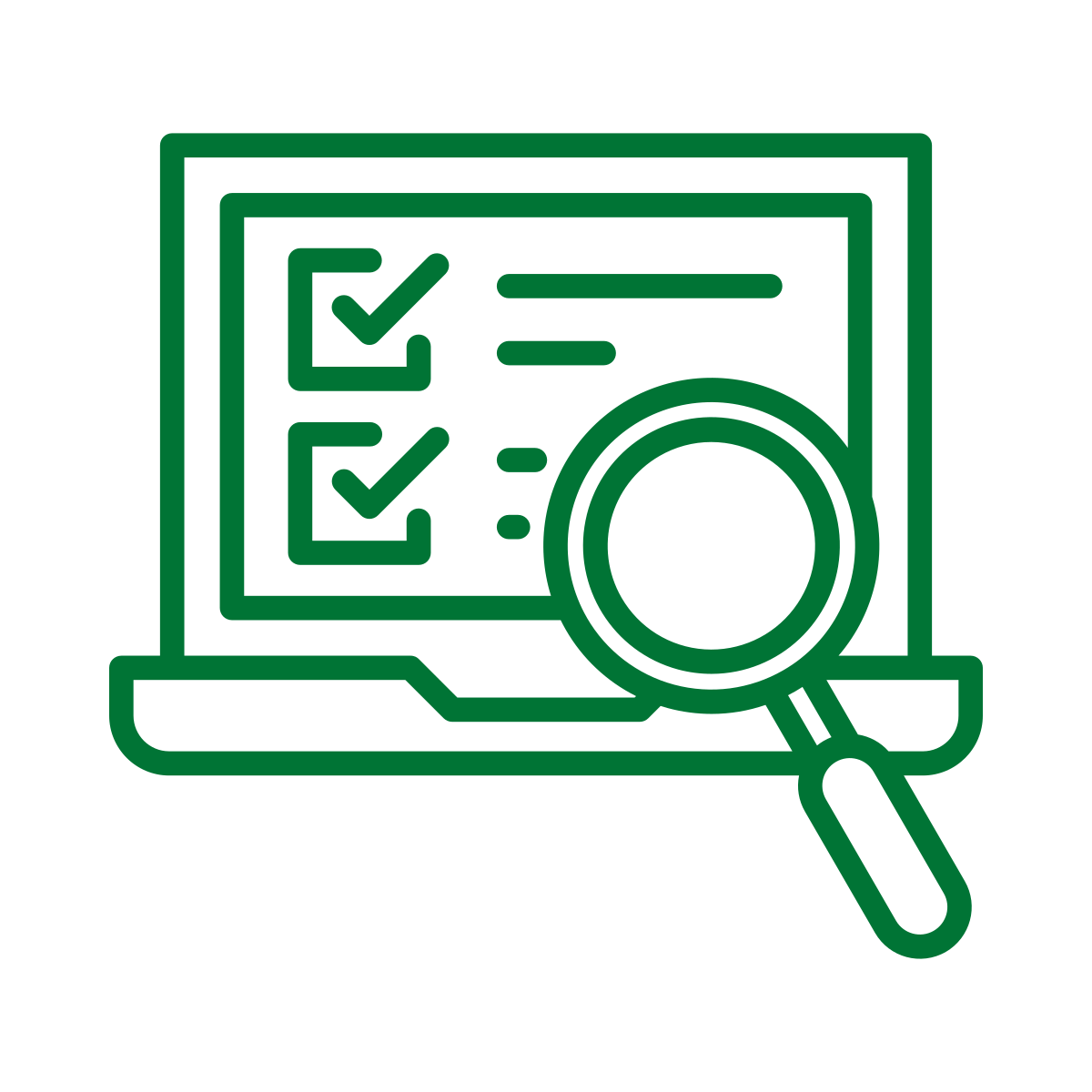 Illustration of a laptop screen with two checkmarks and lines, symbolizing a checklist. A magnifying glass is positioned over the screen, representing search or analysis. The entire image is in green.