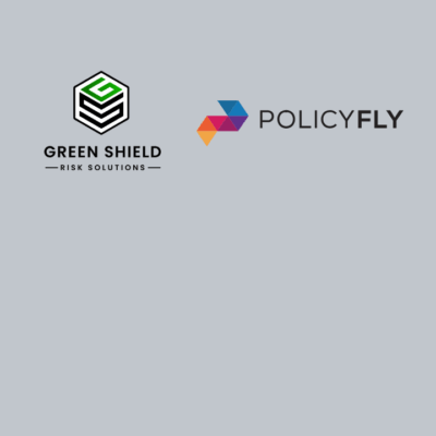 Two company logos on a gray background: "Green Shield Risk Solutions" with a green and black hexagonal shield icon, and "PolicyFly" with overlapping blue, purple, and orange polygons.