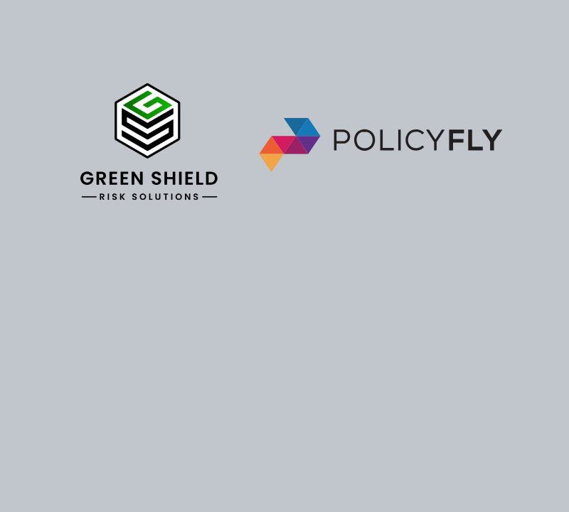 Two company logos on a gray background: "Green Shield Risk Solutions" with a green and black hexagonal shield icon, and "PolicyFly" with overlapping blue, purple, and orange polygons.