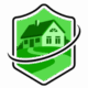 A green shield icon featuring a house with a path leading to it, encircled by a curved line, symbolizing home protection or insurance.