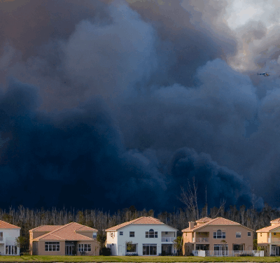 A row of suburban houses stands in front of a forest fire, with thick, dark smoke billowing into the sky. A small aircraft is flying above the smoke, likely monitoring or responding to the fire.