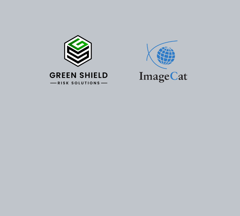 Two company logos on a gray background: on the left, "Green Shield Risk Solutions" with a green and black hexagonal shield; on the right, "ImageCat" with a blue globe and curved line resembling a cat.