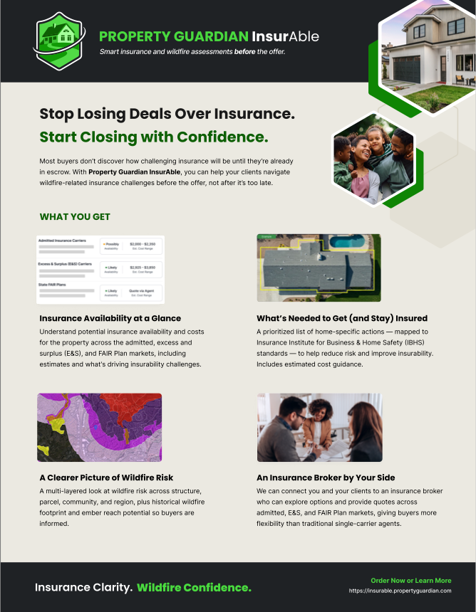 A marketing flyer for Property Guardian InsurAble features green and black theme, icons, and photos. It describes benefits of smart insurance and wildfire assessments to help real estate deals close smoothly and confidently.