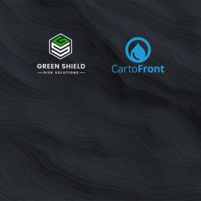 Two company logos—Green Shield Risk Solutions on the left and CartoFront on the right—are displayed on a dark, wavy, contour-like background.