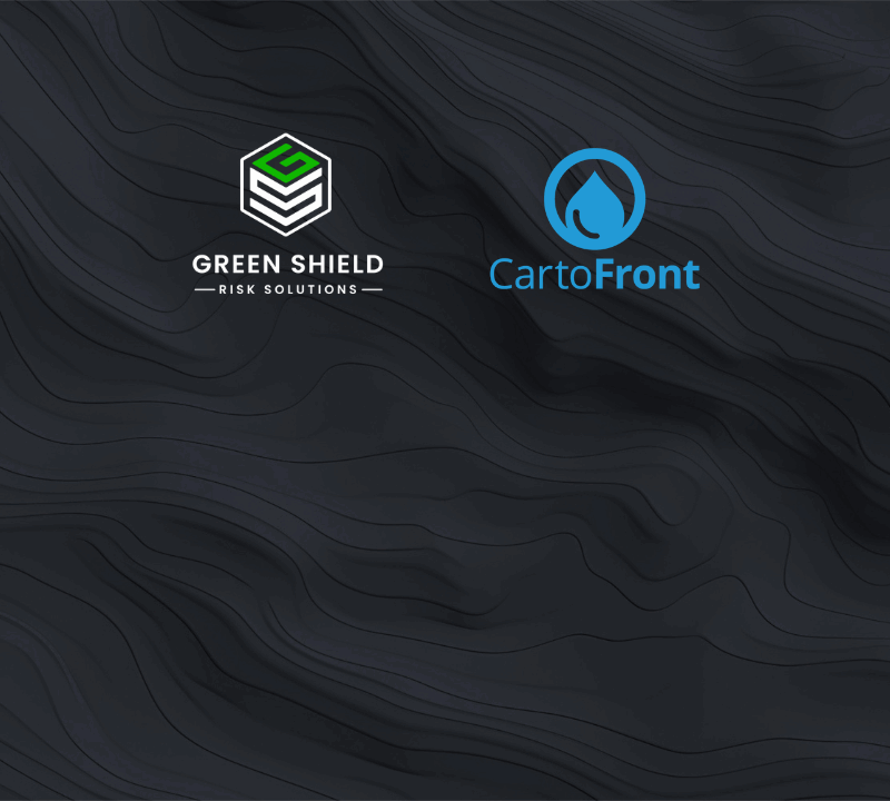 Two company logos—Green Shield Risk Solutions on the left and CartoFront on the right—are displayed on a dark, wavy, contour-like background.
