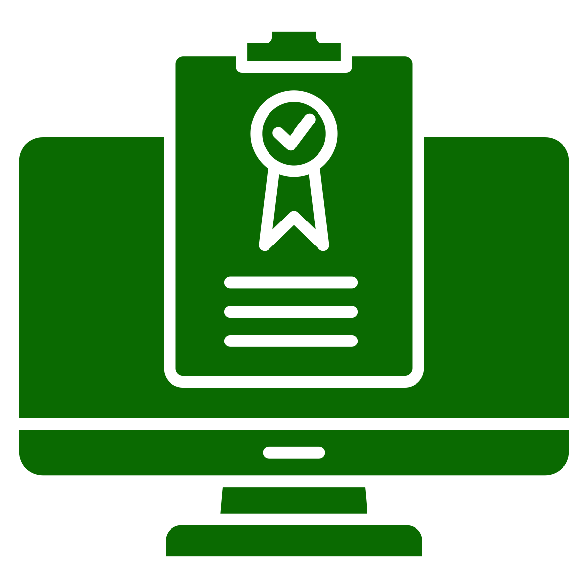 A green icon of a computer monitor with a clipboard displaying a checkmark and a ribbon, representing certification or approval, in front of the screen.
