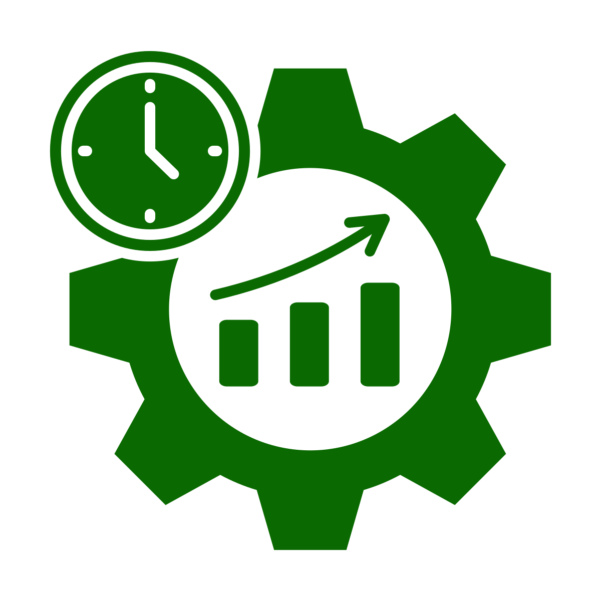 A green gear with a bar graph and upward arrow inside, symbolizing growth or productivity. A clock is positioned on the top left of the gear, representing time management or efficiency.