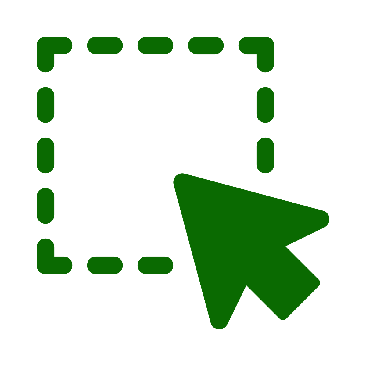 A green cursor arrow points toward a green dashed square, symbolizing the action of selecting an area or object in a digital interface. The background is light gray.