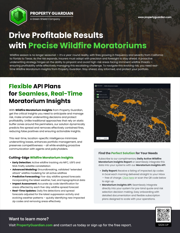 An informational flyer titled "Drive Profitable Results with Precise Wildfire Moratoriums," featuring a color-coded map of the western US, service details, bullet points on API benefits, and clear contact and signup prompts at the bottom.