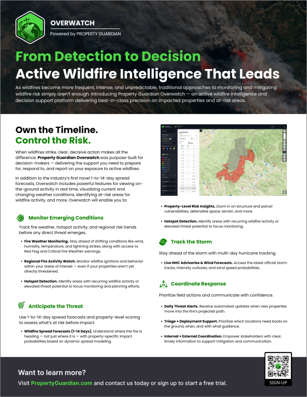 Informational flyer for "Property Guardian Overwatch," a wildfire intelligence platform. It details features like early detection, risk alerts, live mapping, and decision support for managing wildfire threats to properties.