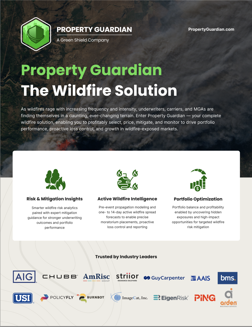 A marketing flyer for Property Guardian, “The Wildfire Solution,” with information about wildfire risk, intelligence, and portfolio optimization services. Logos of industry leaders and partner companies appear at the bottom.