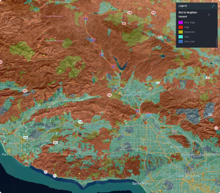 A color-coded map of the Los Angeles area shows varying wildfire hazard levels, with a legend indicating very high (red), high (orange), moderate (yellow), low (blue), and very low (green) hazard areas.