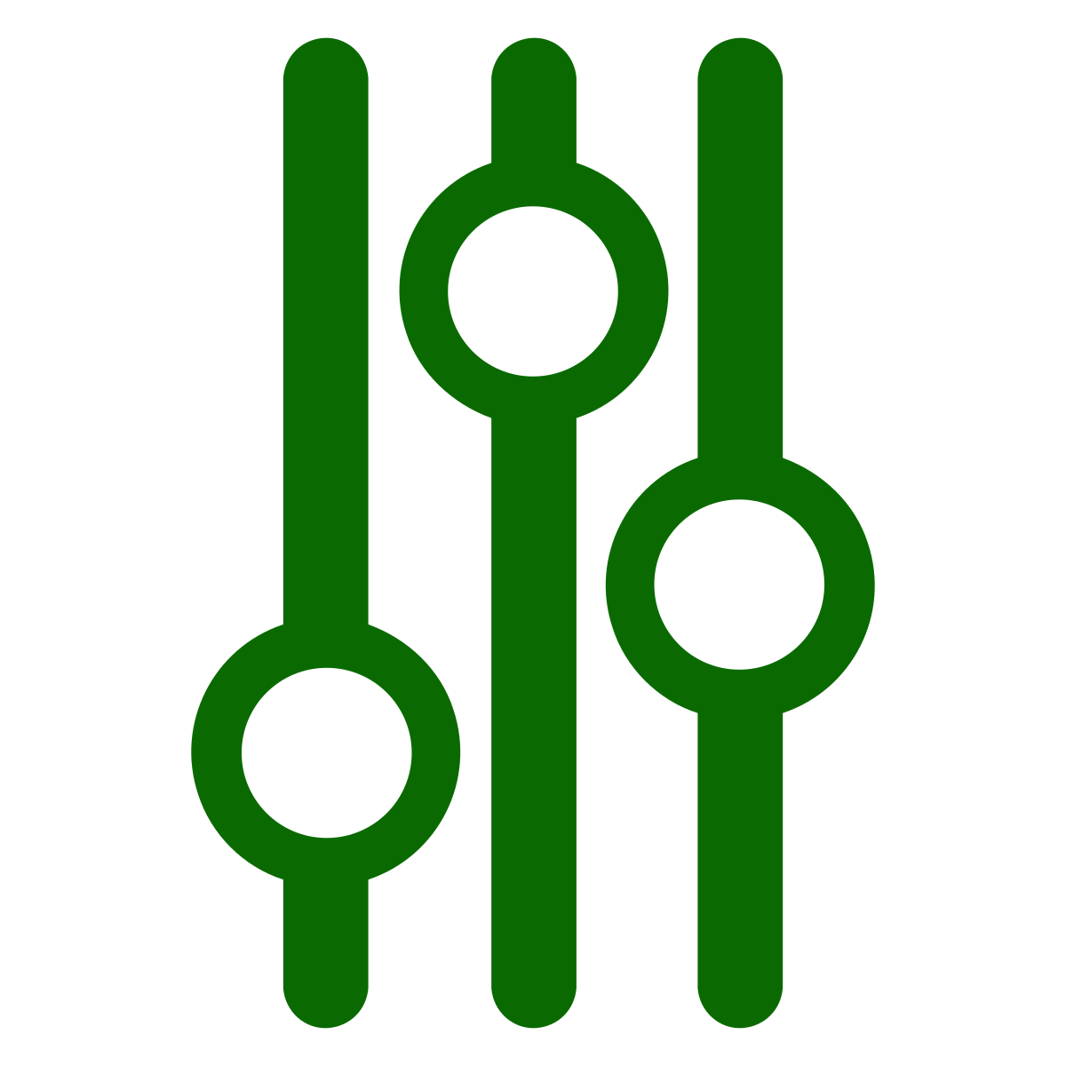 A green icon of three vertical sliders with circular knobs, resembling audio or settings controls, on a white background.
