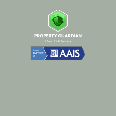 Logo for Property Guardian, a Green Shield Company, displayed above a banner with the AAIS logo and the text "Proud Partner of AAIS" on a light grey background.