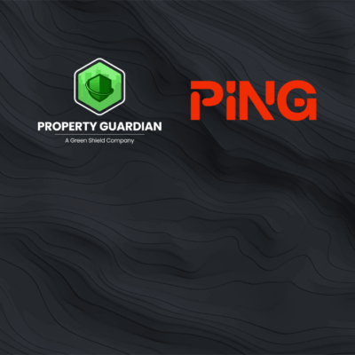 Black wavy textured background with the green Property Guardian logo and text on the left, and bold orange "PING" text on the right.