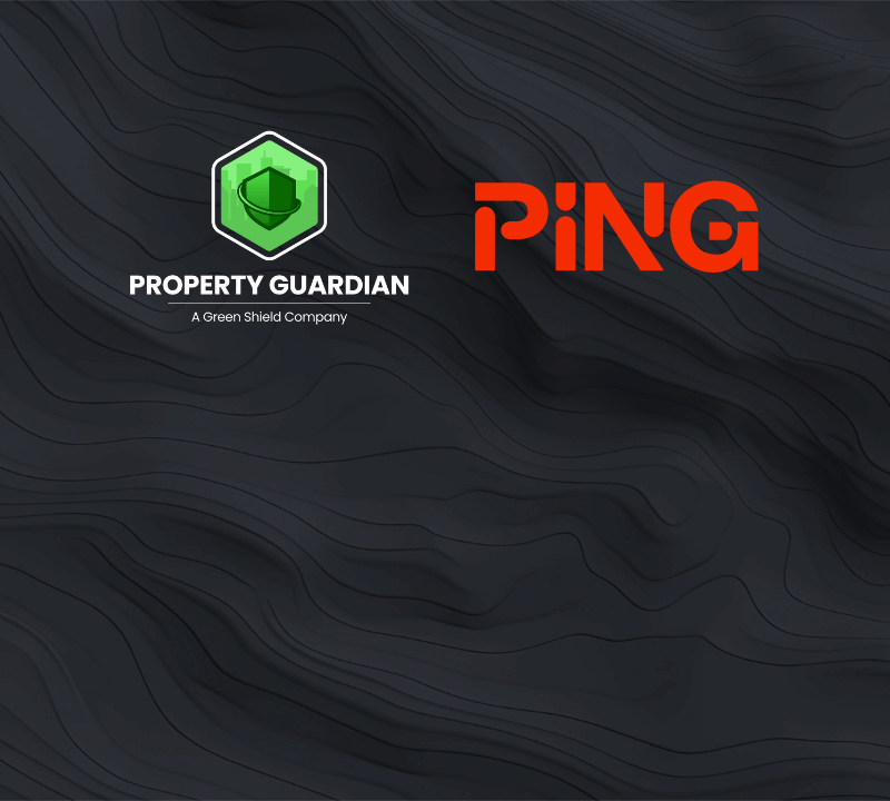 Black wavy textured background with the green Property Guardian logo and text on the left, and bold orange "PING" text on the right.