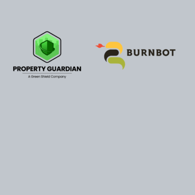 Two logos on a gray background: one for Property Guardian featuring a green shield, and one for Burnbot with a stylized flame and text.