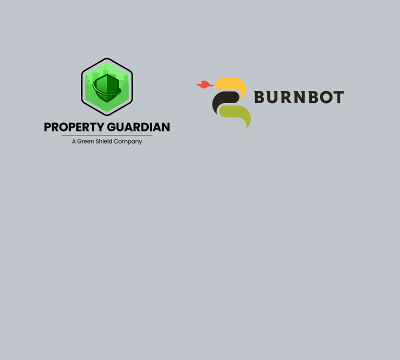 Two logos on a gray background: one for Property Guardian featuring a green shield, and one for Burnbot with a stylized flame and text.