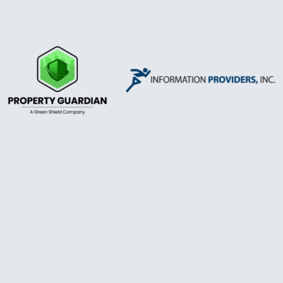 Two logos: on the left, a green hexagon with a shield and "Property Guardian, A Green Shield Company" below; on the right, "Information Providers, Inc." with a blue abstract figure. Both logos on a light gray background.