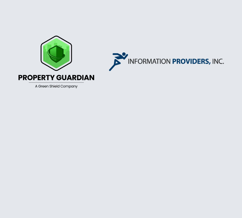 Two logos: on the left, a green hexagon with a shield and "Property Guardian, A Green Shield Company" below; on the right, "Information Providers, Inc." with a blue abstract figure. Both logos on a light gray background.