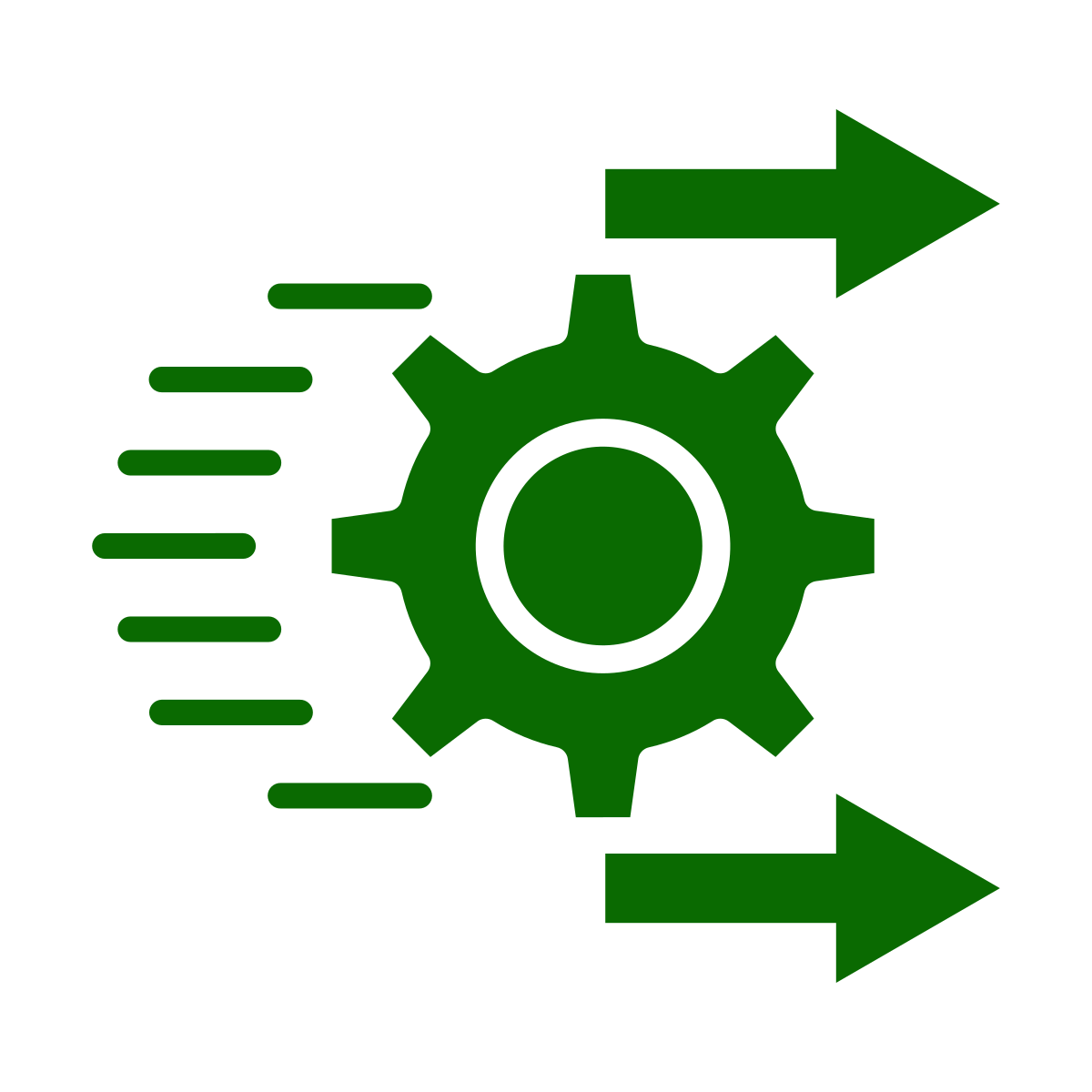 A green gear with motion lines to the left and two green arrows pointing right, symbolizing process, workflow, or automation on a light background.
