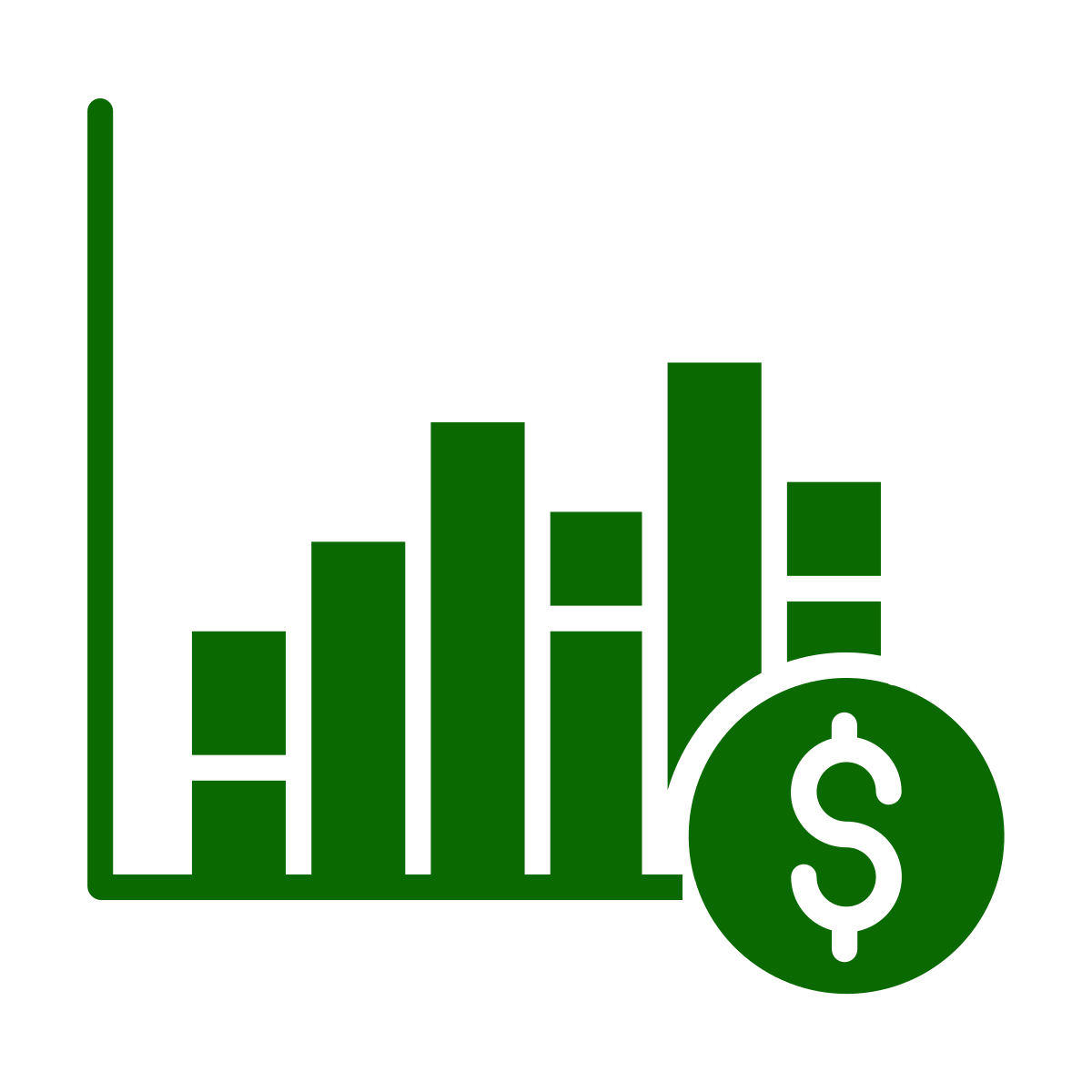 A green bar graph with increasing bars and a dollar sign inside a green circle, symbolizing financial growth or profit.
