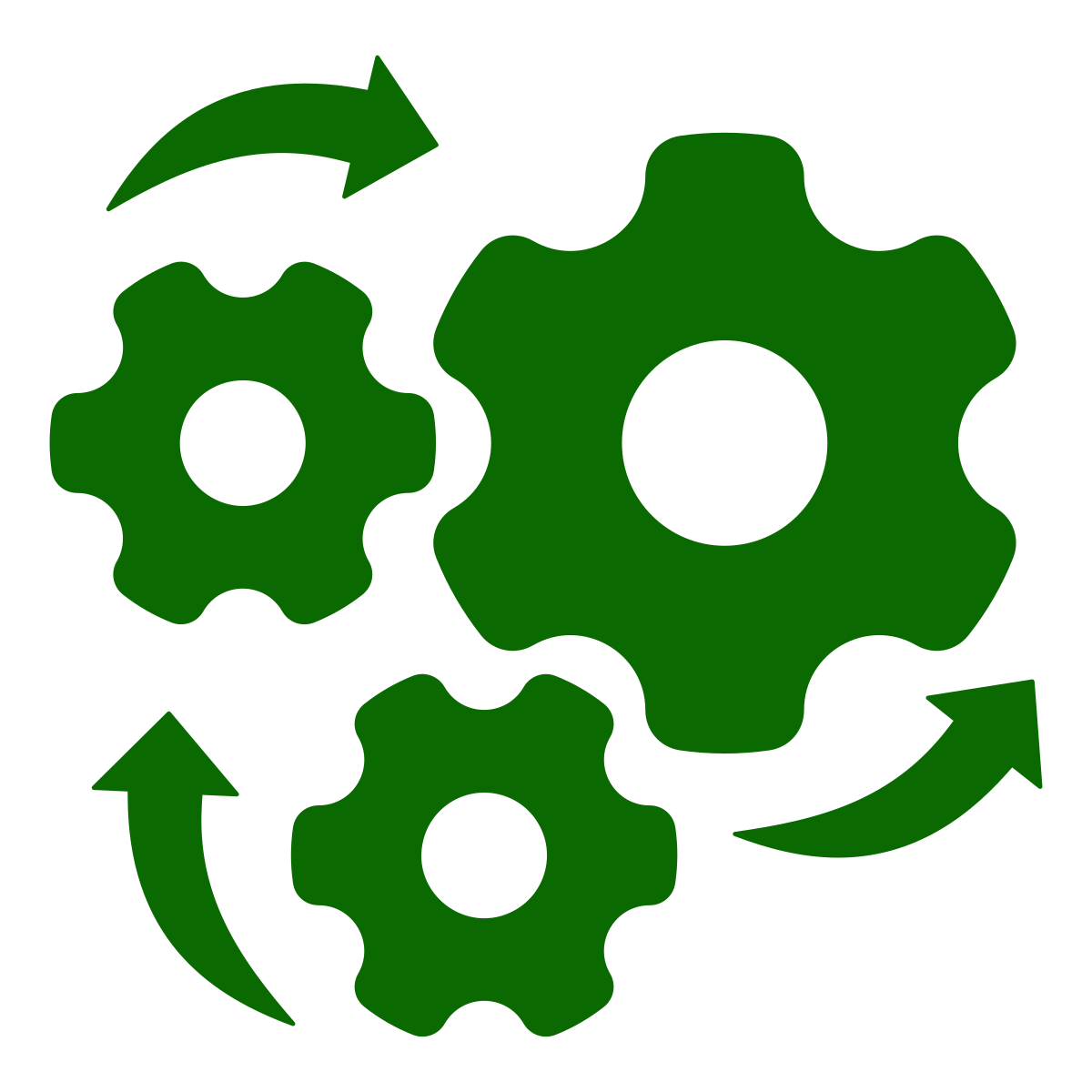 Three green gears of different sizes are interlocked, with three curved green arrows circling around them, symbolizing movement and mechanical process. The background is white.