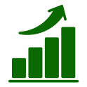 A green bar graph with four ascending bars and a thick green arrow curving upward above the bars, symbolizing growth or increasing progress.