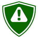 A green shield with a white triangle in the center, inside of which is a black exclamation mark, symbolizing a warning or alert for security or protection.