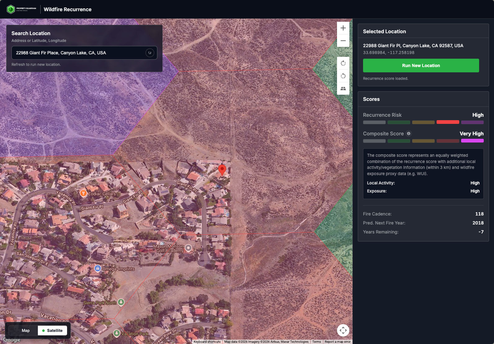 A wildfire recurrence map showing 22888 Giant Fir Place, CA, within colored risk zones. A sidebar lists recurrence risk as high, with a composite score of 7/10. The map features houses, roads, and vegetation.