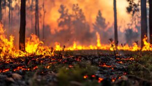 Wildfire burning through a forest, with flames and smoke rising among trees. The ground is covered in glowing embers and scorched vegetation, creating an intense, fiery landscape.