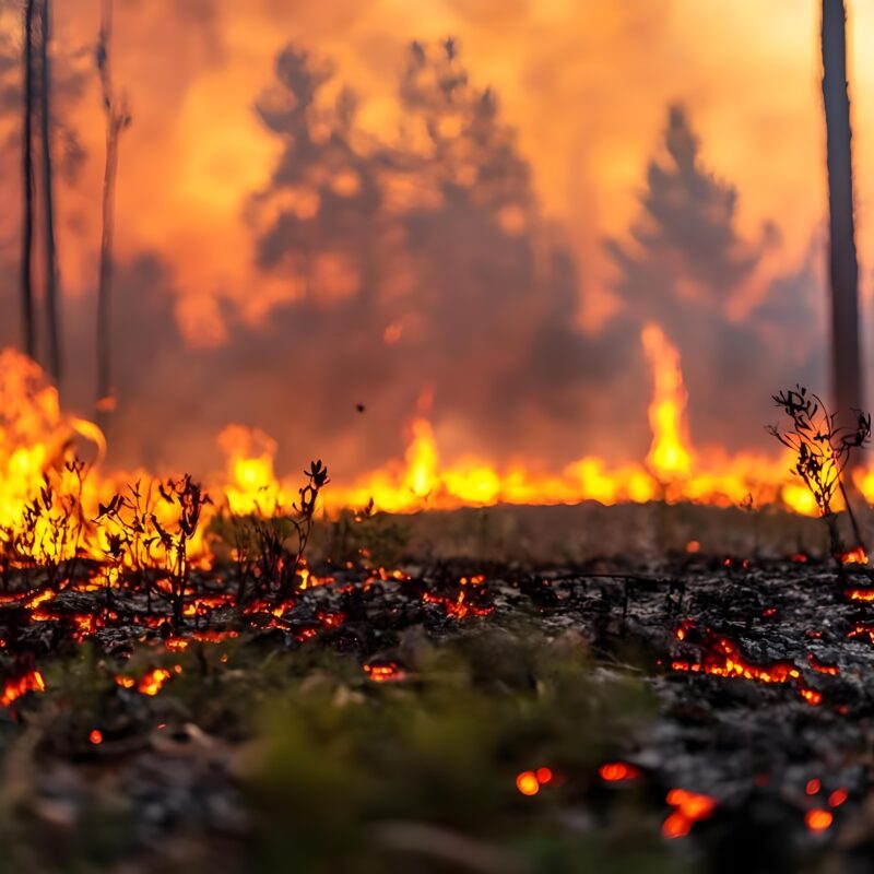 Wildfire burning through a forest, with flames and smoke rising among trees. The ground is covered in glowing embers and scorched vegetation, creating an intense, fiery landscape.