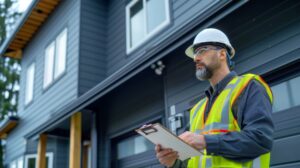 A construction worker wearing a safety vest and hard hat holds a clipboard while standing outside a modern house, appearing focused and professional.