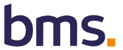 The image shows the lowercase letters "bms" in bold, dark blue font, followed by a small orange square, all on a light gray background.
