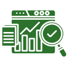 Green icon showing a web browser window with a chart, upward arrow, and bar graph. A magnifying glass with a checkmark and a document are also included, representing data analysis and review.