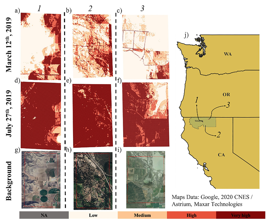 A series of maps show burn severity across three sites in Oregon, comparing March 12 and July 27, 2019, with a background image. Severity ranges from low (light) to very high (dark red). Right: a map of the Pacific Northwest marks the sites.