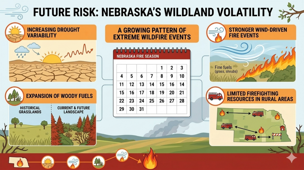Infographic titled "Future Risk: Nebraska's Wildland Volatility" shows factors increasing wildfire risks, including drought, woody fuels, wind-driven fires, limited firefighting resources, and a fire season calendar.