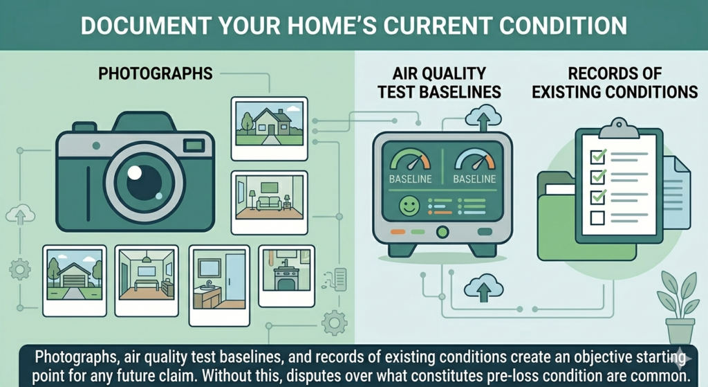 Infographic showing a camera with photo prints, an air quality test machine with baseline readings, and a checklist, illustrating ways to document your home’s current condition for future reference or insurance claims.