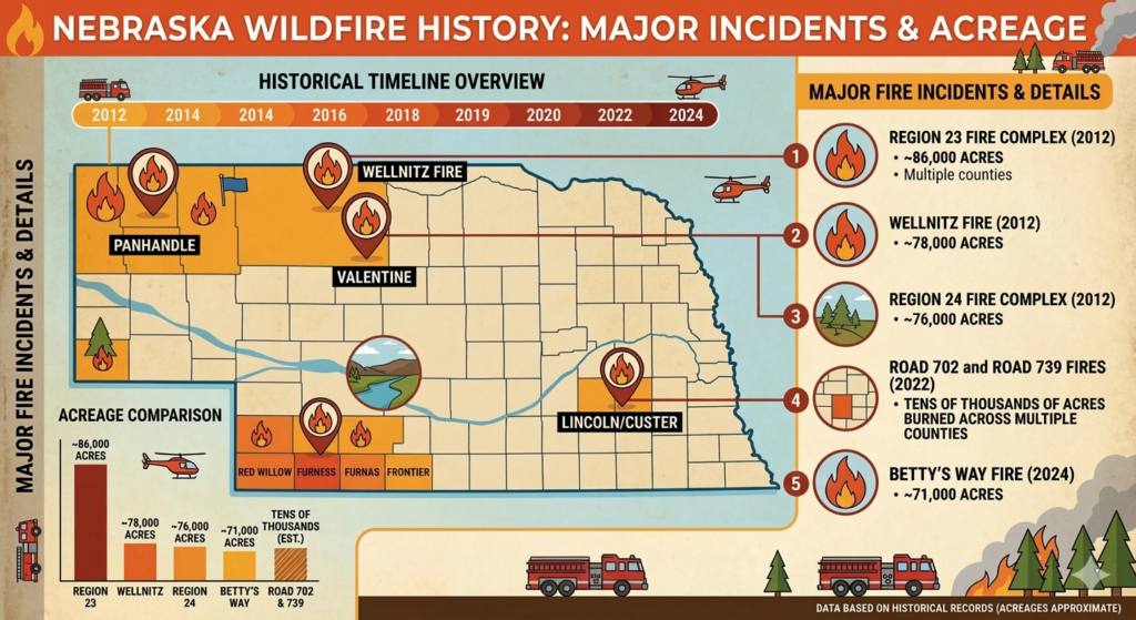 Infographic showing major Nebraska wildfires from 2012-2022. Map marks fire locations, icons rank fire sizes, and a timeline compares acres burned. Key fires include Wellnitz and Region 4 Fire Complex. Fire trucks and flames illustrate data.