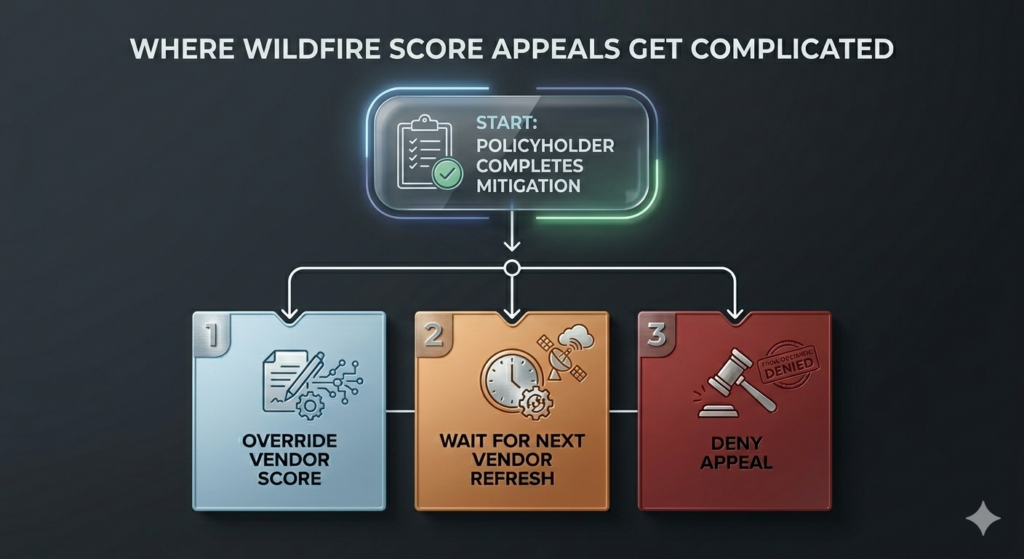 A flowchart titled "Where Wildfire Score Appeals Get Complicated" shows three outcomes after mitigation: 1) Override vendor score, 2) Wait for next vendor refresh, or 3) Deny appeal.